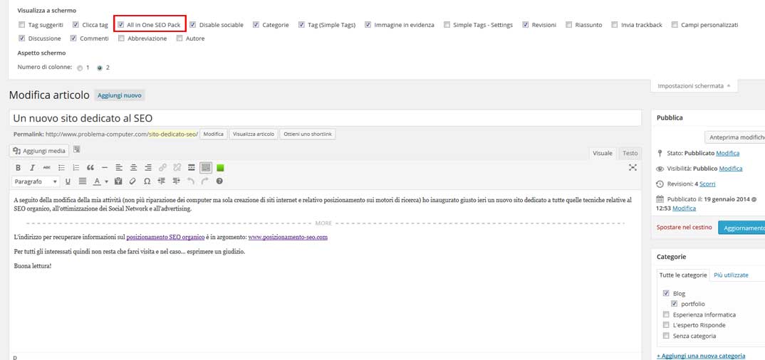 All in One SEO Pack – personalizzazione dei post e delle pagine