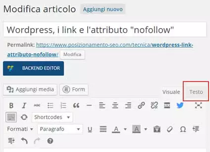 wordpress editor vista codice