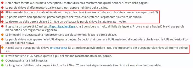 yoast seo analisi dei contenuti errata