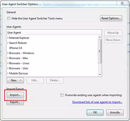 user-agent switcher options