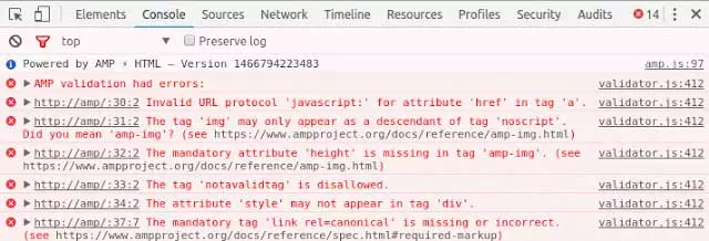 amp developer console errors